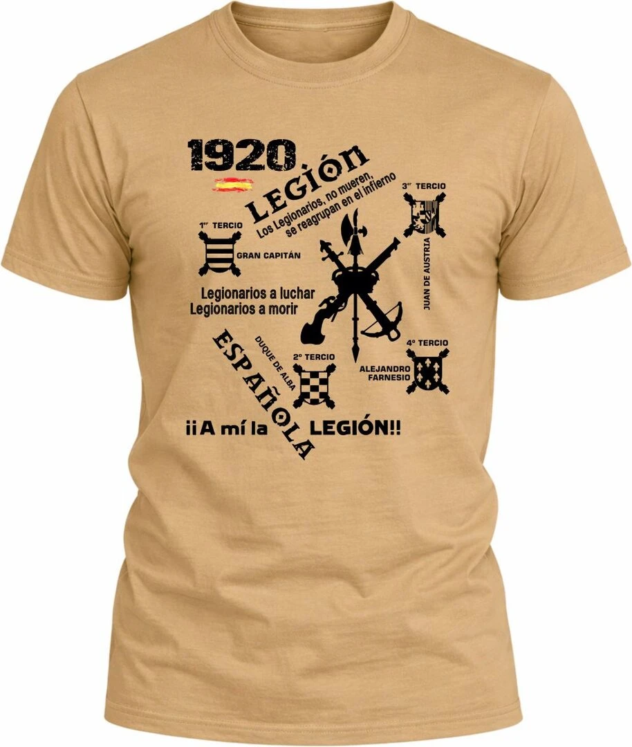 Camiseta Legión Española Lemas y Tercios color árido con diseño militar y acabado premium. 