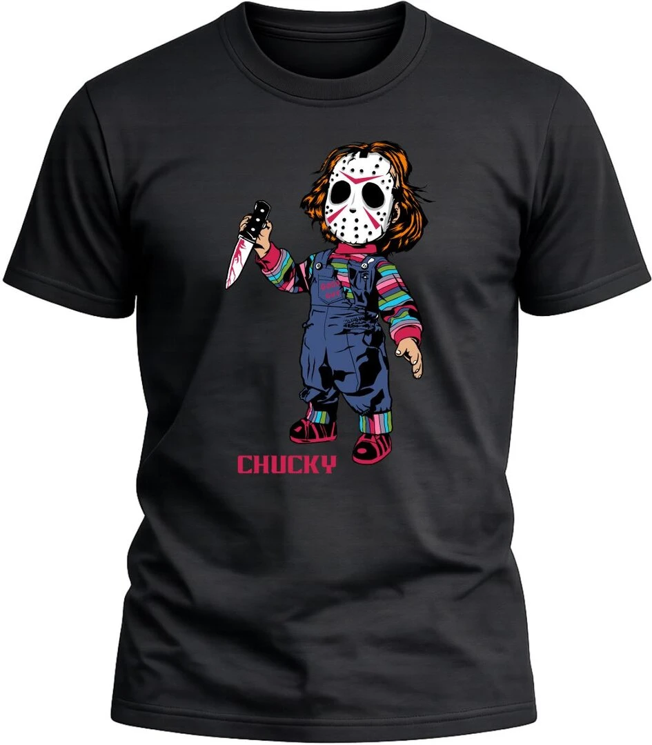 Camiseta Chucky color negro con diseño exclusivo y acabado premium. 