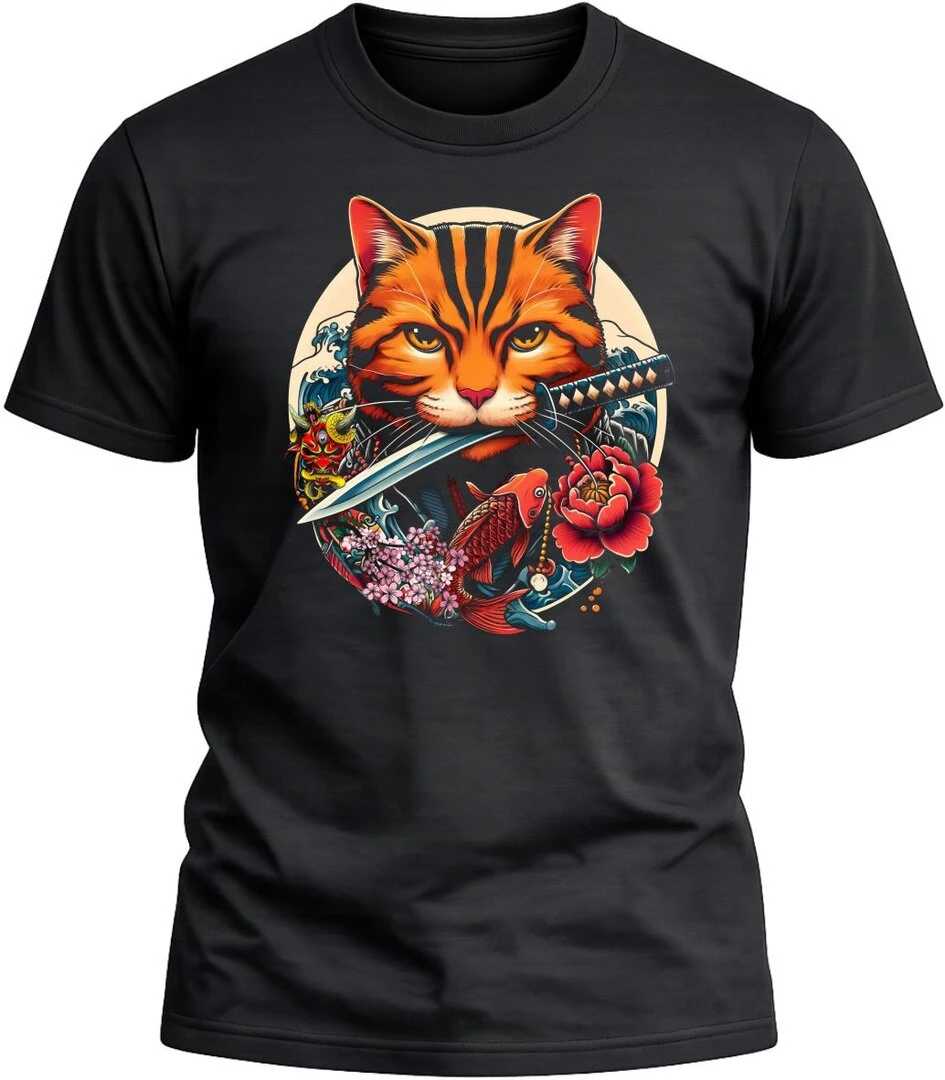 Camiseta Gato Japonés color negro con diseño exclusivo y acabado premium. 