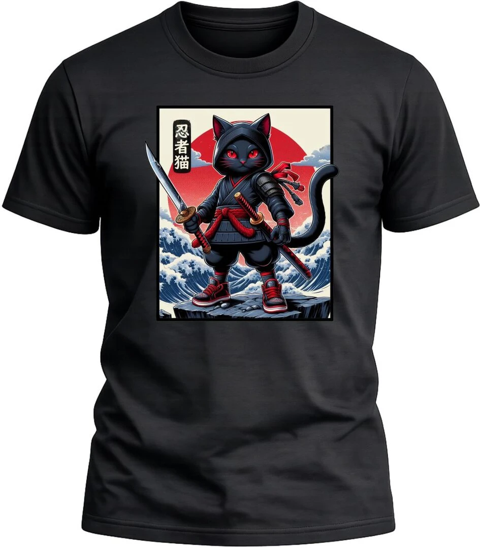 Camiseta Gato Samurai color negro con diseño exclusivo y acabado premium. 