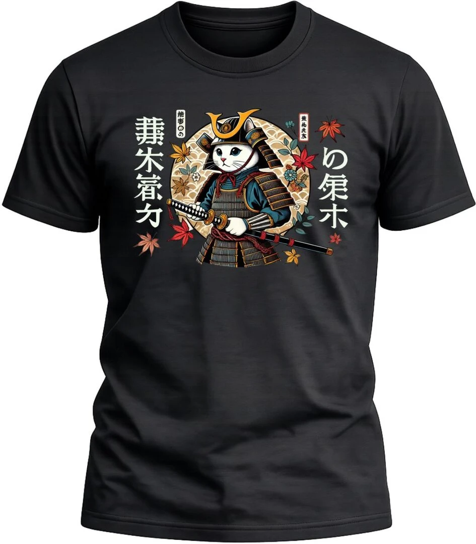 Camiseta Gato Samurai con Katana color negro con diseño excluivo y acabado premium. 