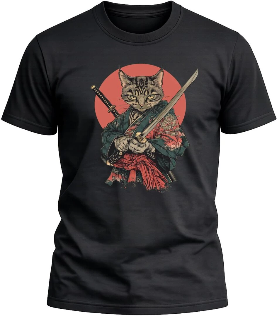 Camiseta Gato Samurai Katanas color negra con diseño exclusivo y acabado premium. 