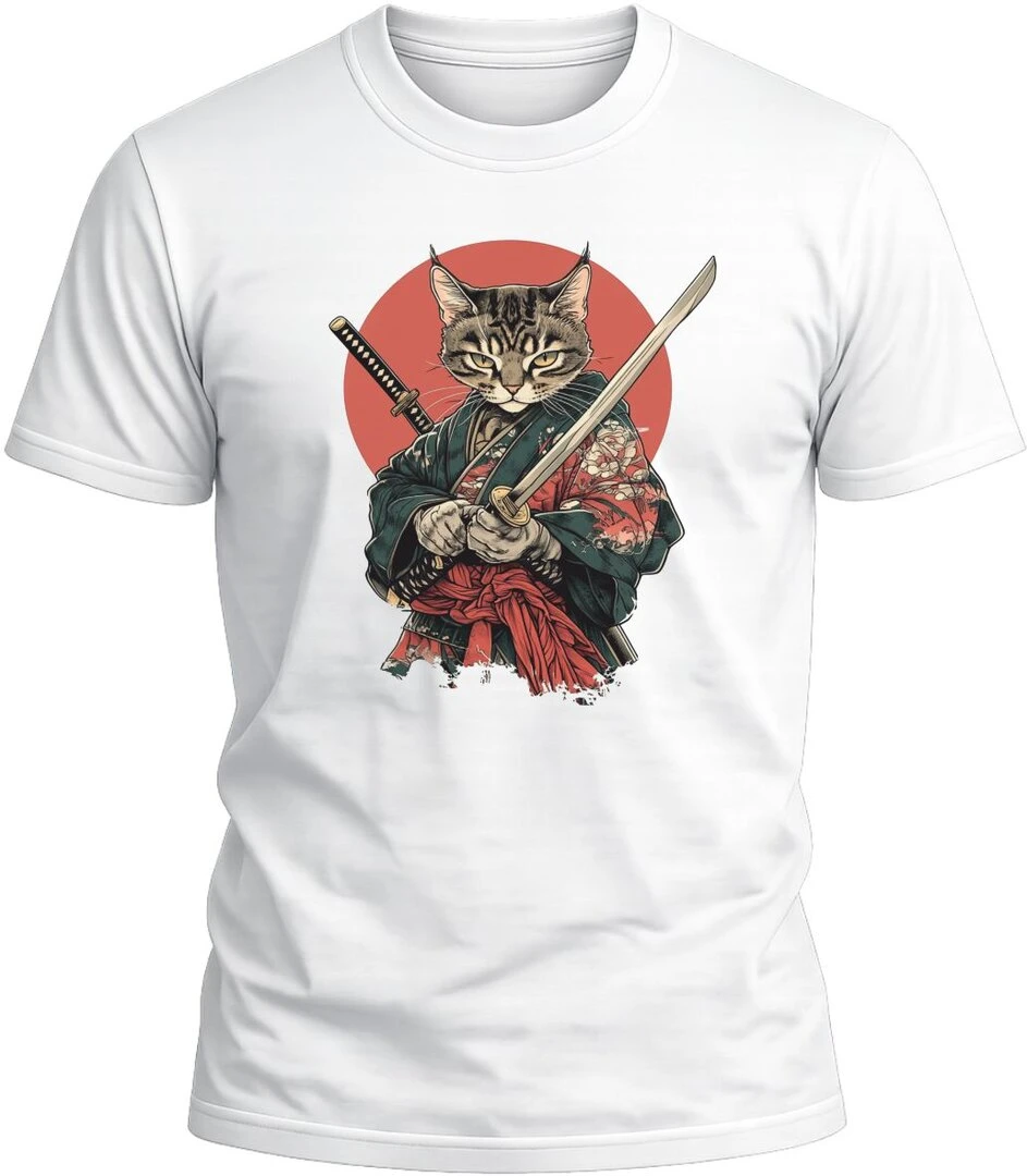 Camiseta Gato Samurai Katanas color blanco con diseño exclusivo y acabado premium. 