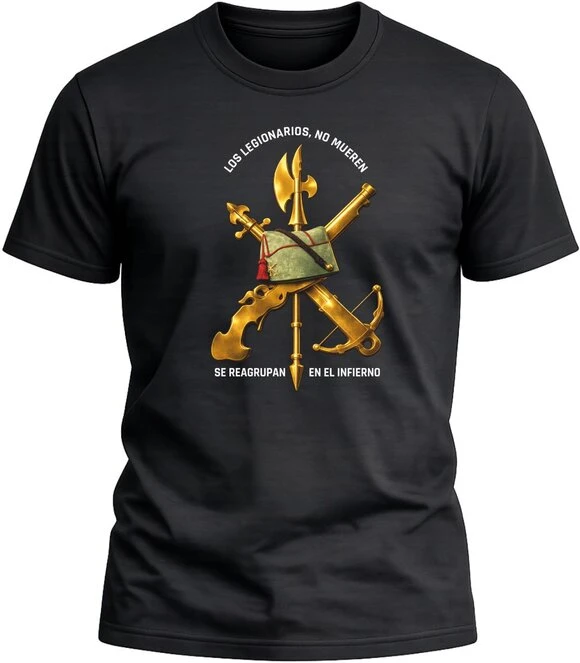Camiseta negra de algodón con diseño Legión Española. Los legionarios no mueren,se reagrupan en el infierno. Producto de la colección militar de ZERO TÁCTICO.
