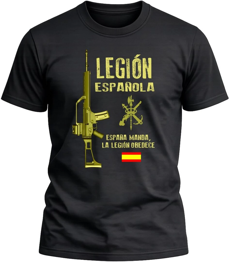 Camiseta Legión Española color negro con diseño militar exclusivo y acabado premium.