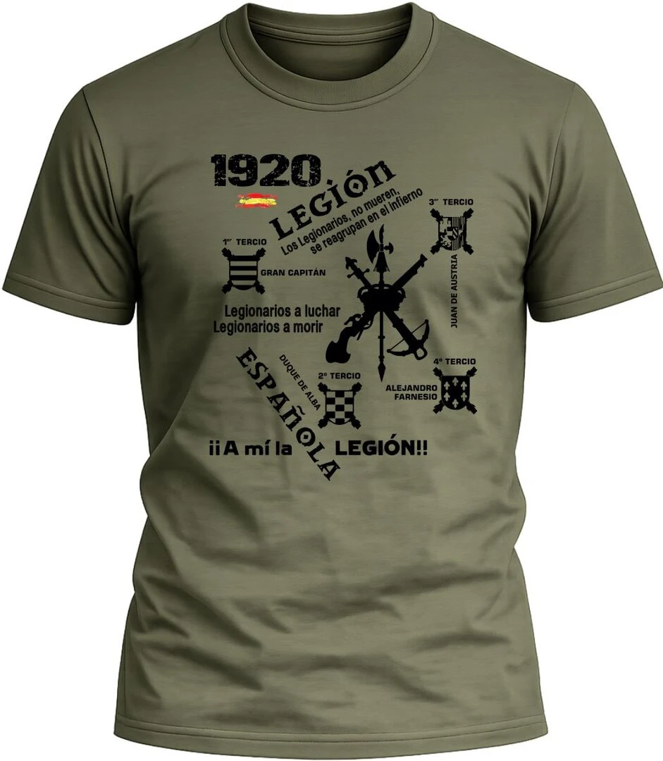 Camiseta Legión Española color verde con diseño militar exclusivo y acabado premium. 