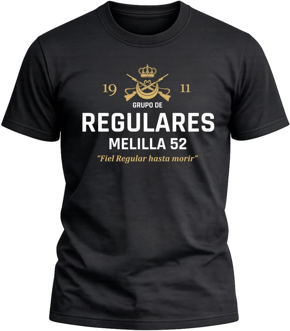 Camiseta Regulares Melilla 52 color negro con diseño militar exclusivo y acabado premium.
