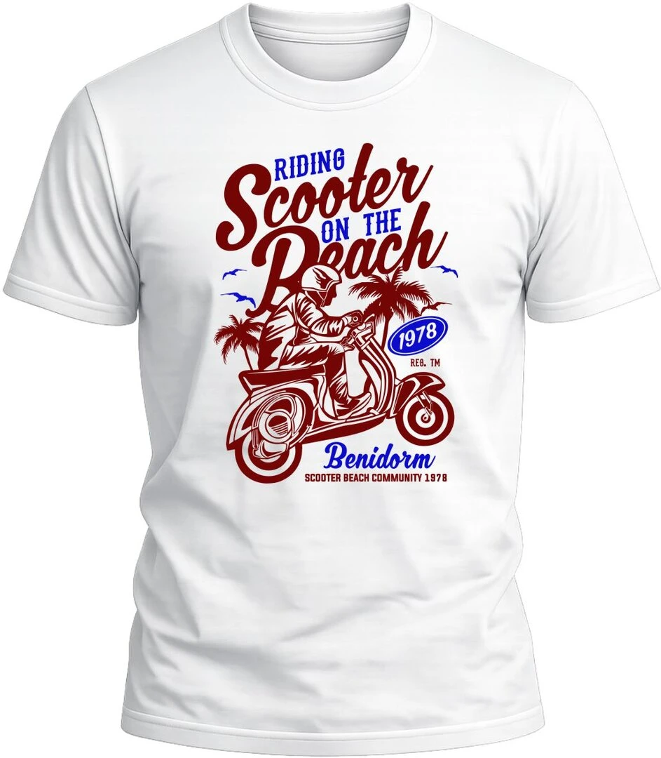 Camiseta Scooter Beach Benidorm blanca con diseño exclusivo y acabado premium. 