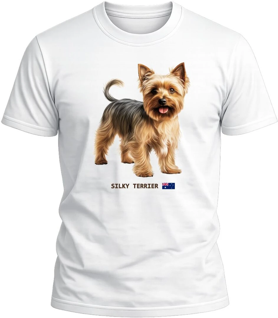 Camiseta Silky Terrier color blanco con diseño exclusivo y acabado premium. 