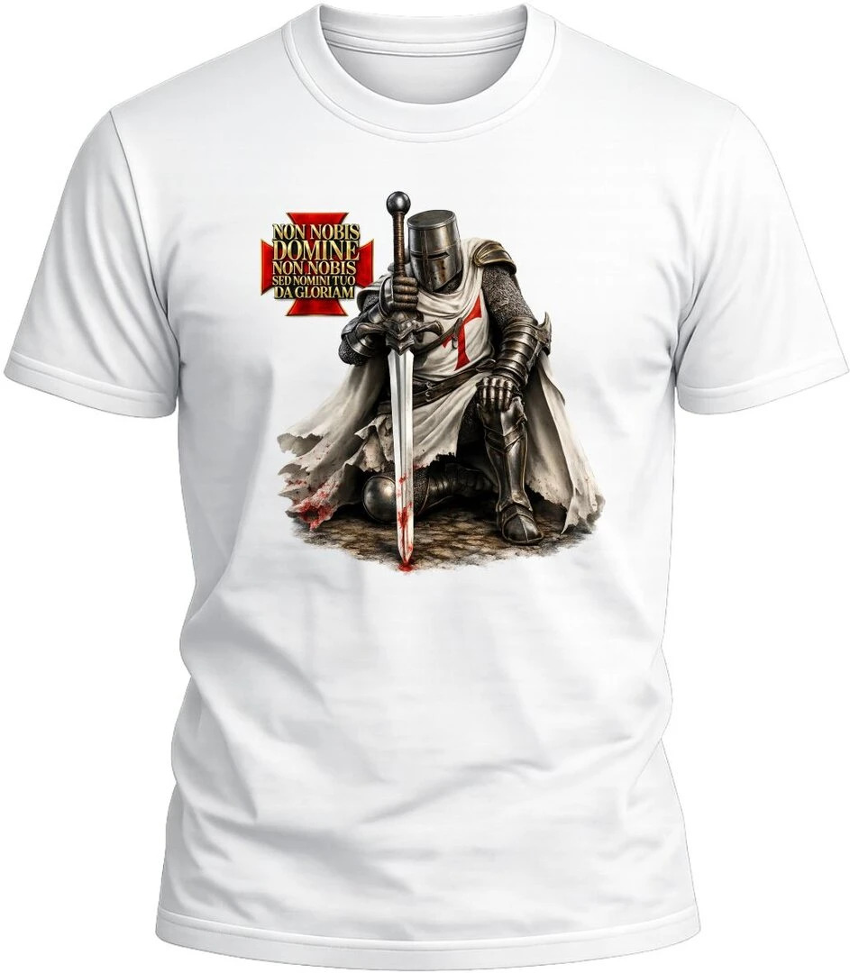 Camiseta Templario Arrodillado color blanco con diseño exclusivo y acabado premium. 