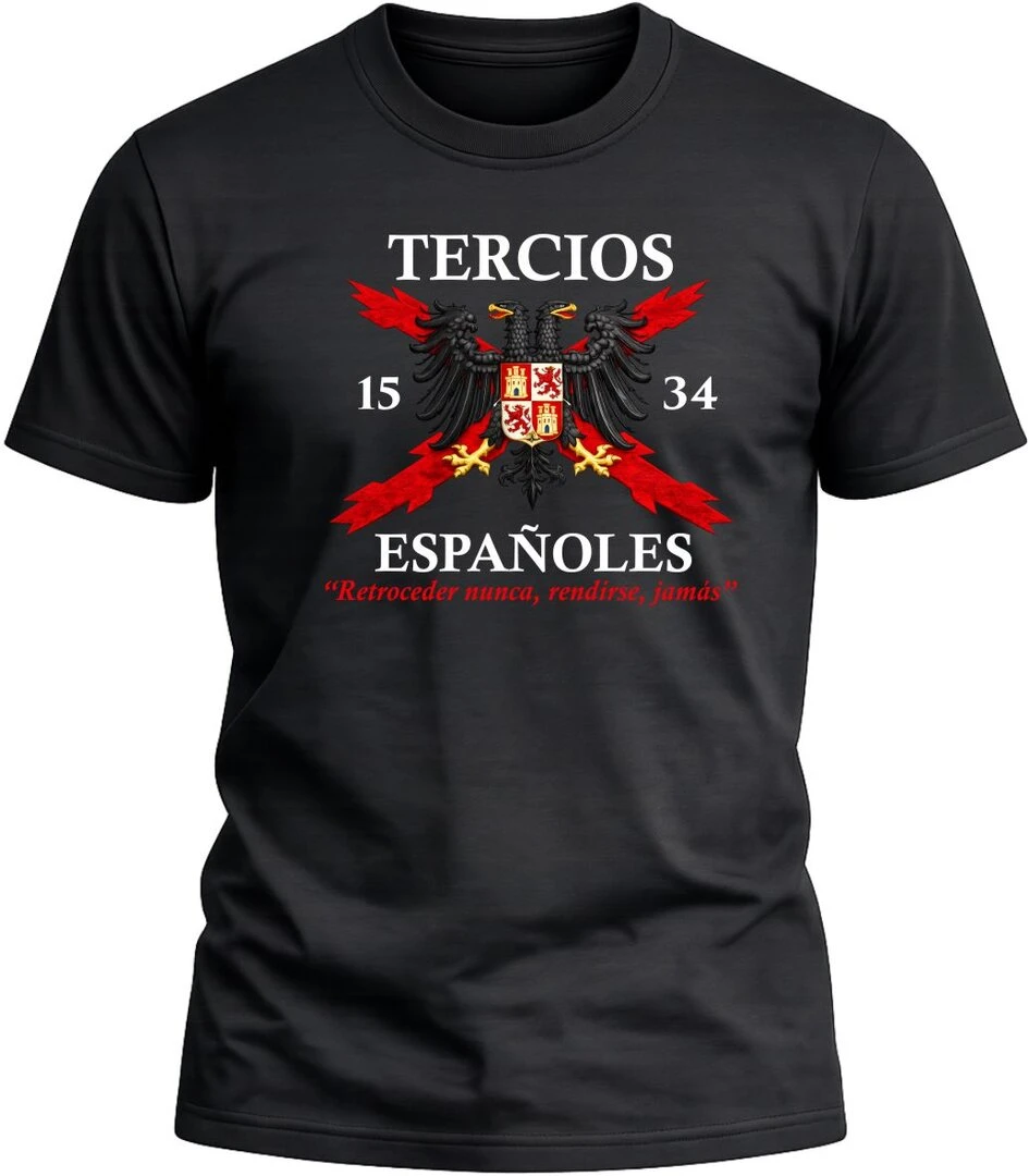 Camiseta Tercios Españoles 1534 color negro con diseño militar exclusivo y acabado premium. 