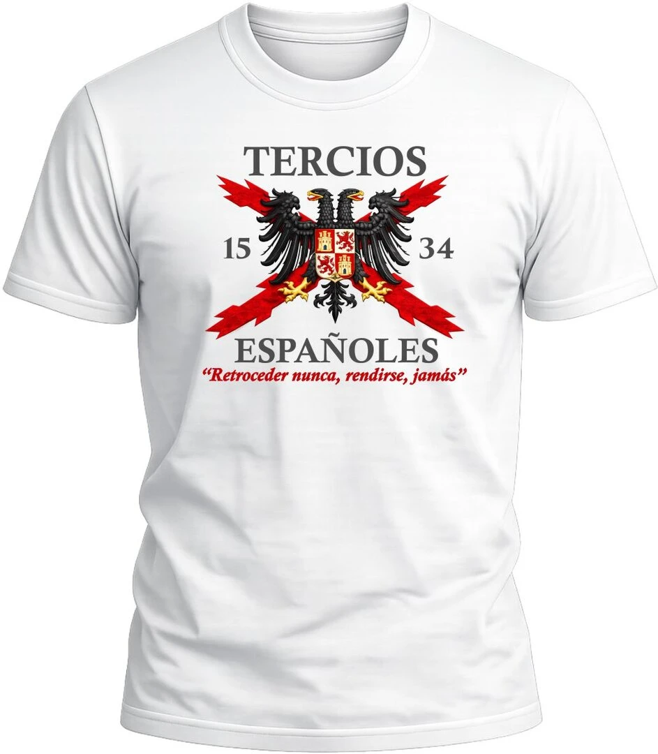 Camiseta Tercios Españoles 1534 color blanco con diseño militar exclusivo y acabado premium. 