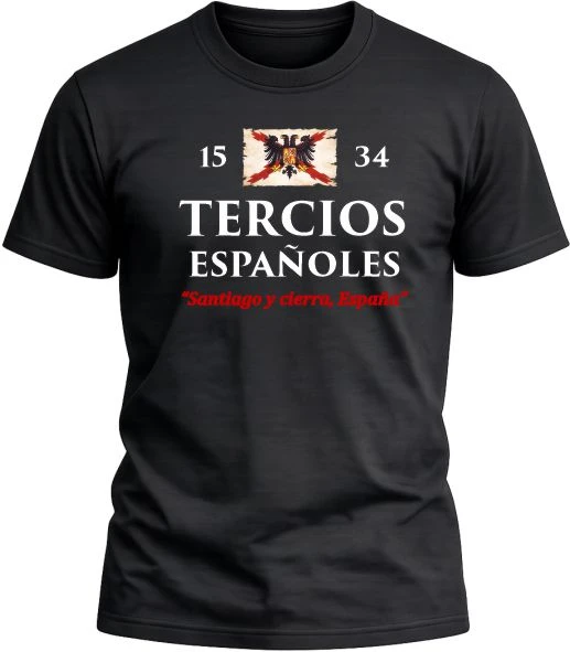 Camiseta Tercios Españoles de color negro con diseño militar exclusivo y acabado premium.