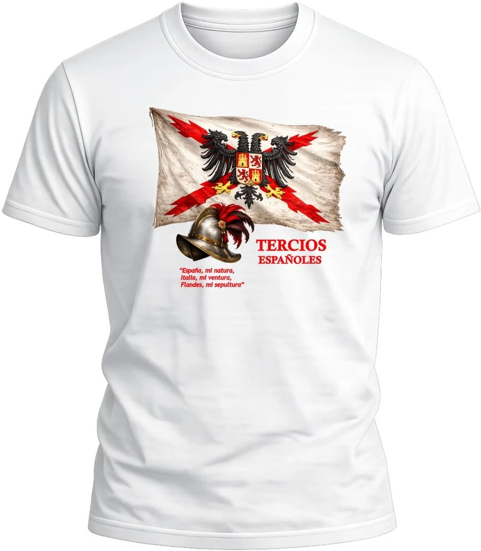 Camiseta Tercios Españoles Bandera y Casco color blanco con diseño militar exclusivo y acabado premium.